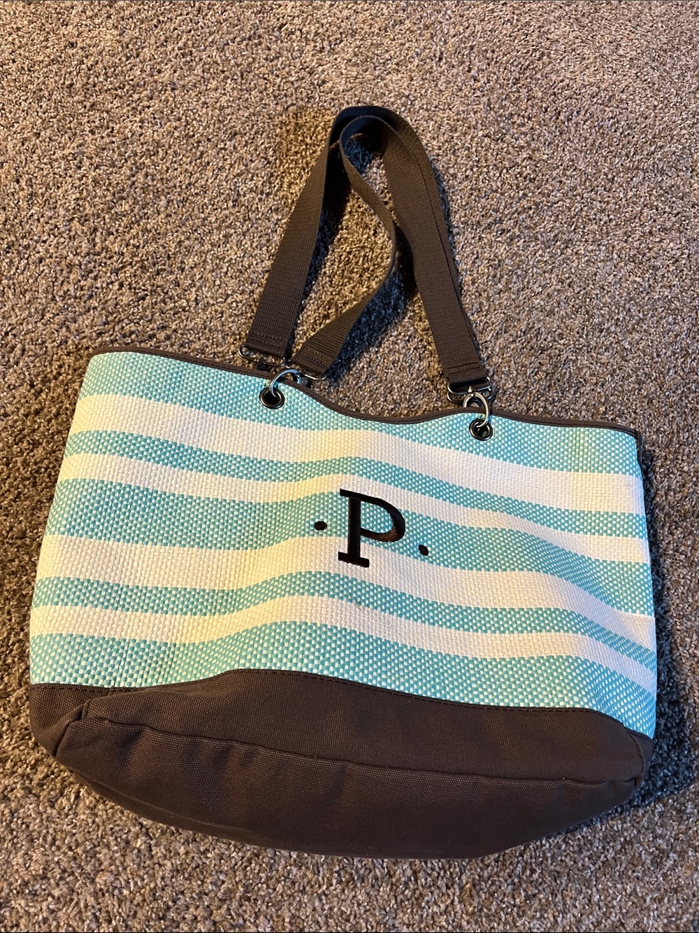 Thirty One Monogrammed Striped Tote Bag in Aqua and White NWOT